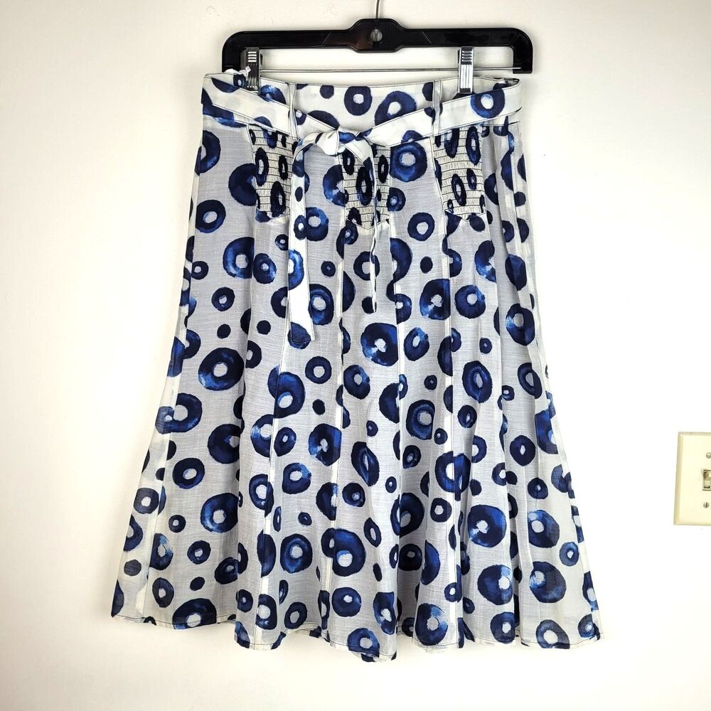 Gérard Darel Women's White Blue A-line Flare Skirt 6 cotton silk artsy party